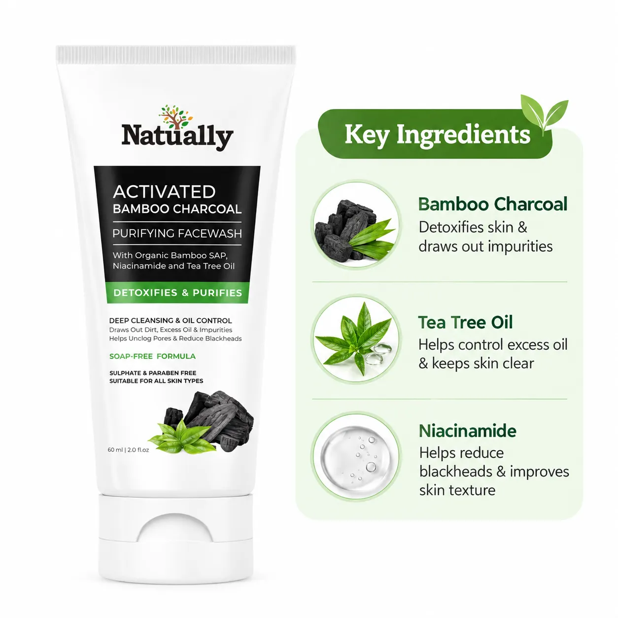 Natually Activated Bamboo Charcoal Purifying Facewash with Organic Bamboo Sap, Niacinamide & Tea Tree Oil – 60 ml - Image 3