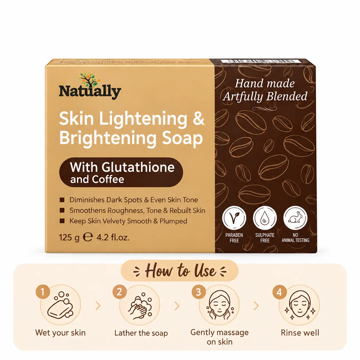 Natually Skin Lightening & Brightening Soap with Glutathione and Coffee – 125g - Image 4
