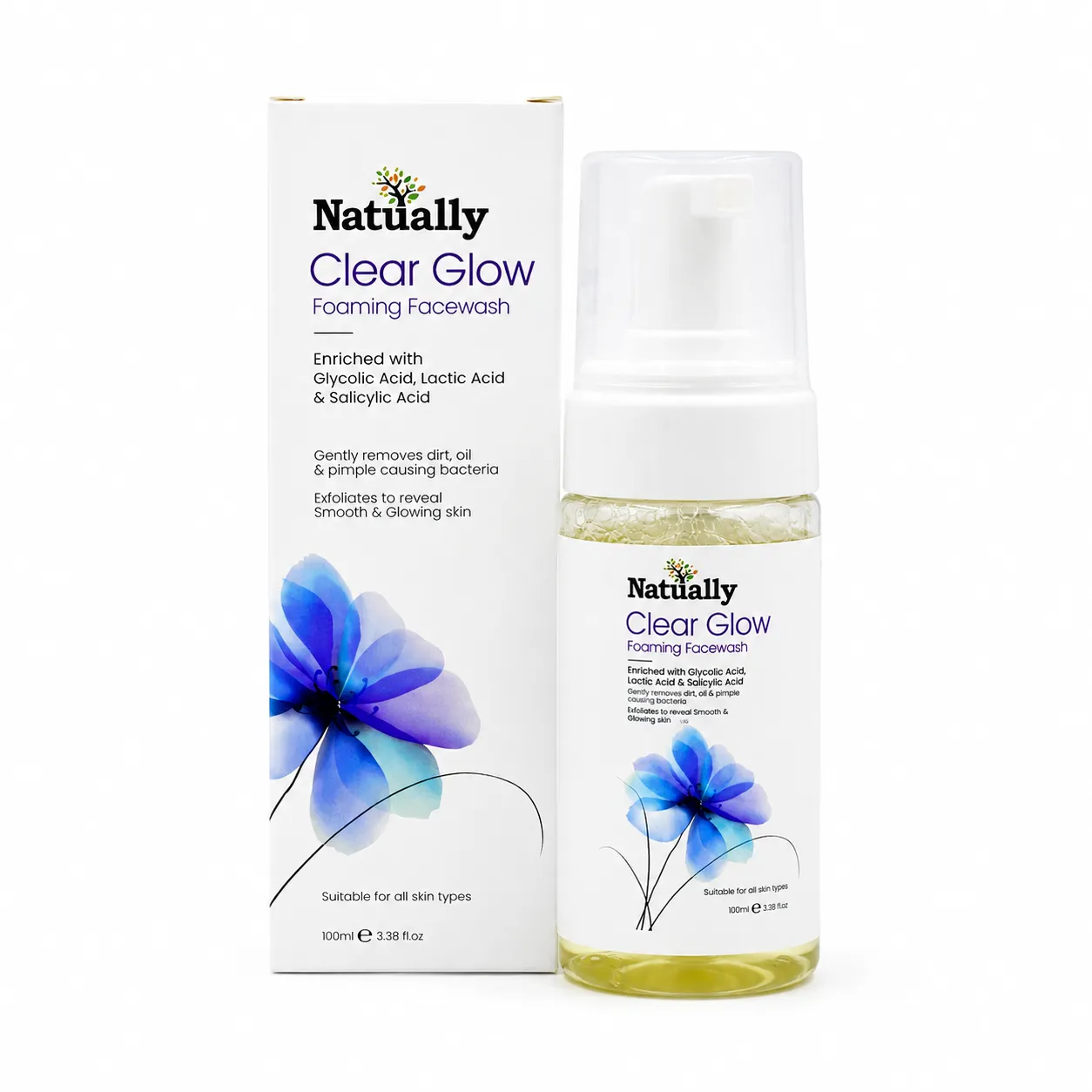 Natually ClearGlow Foaming Facewash - With Glycolic, Lactic & Salicylic Acid & 100ml