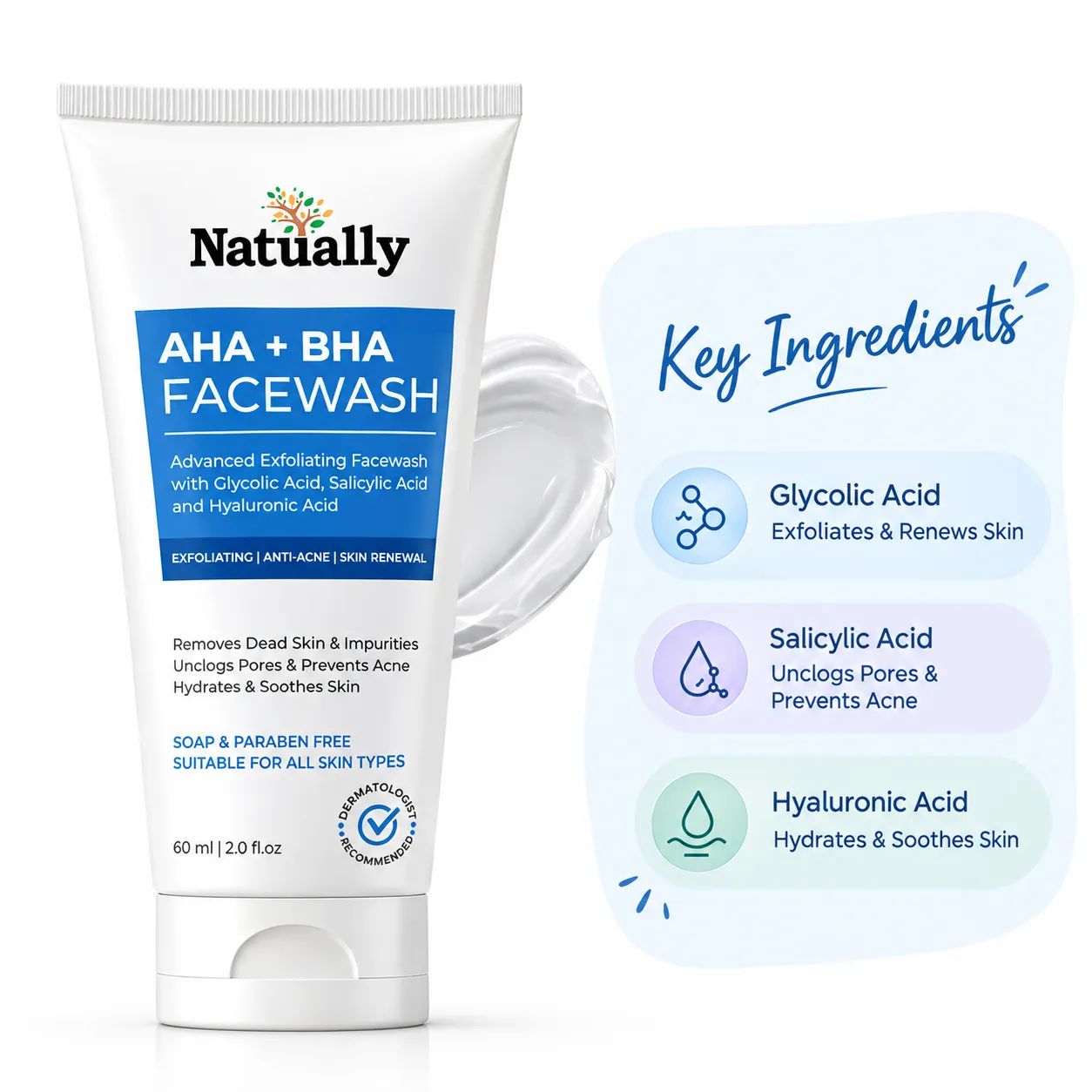 Natually AHA + BHA Advanced Exfoliating Facewash with Glycolic Acid, Salicylic Acid & Hyaluronic Acid – 60 ml - Image 3