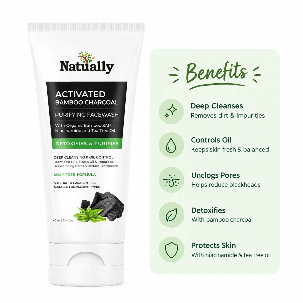 Natually Activated Bamboo Charcoal Purifying Facewash with Organic Bamboo Sap, Niacinamide & Tea Tree Oil – 60 ml - Image 2
