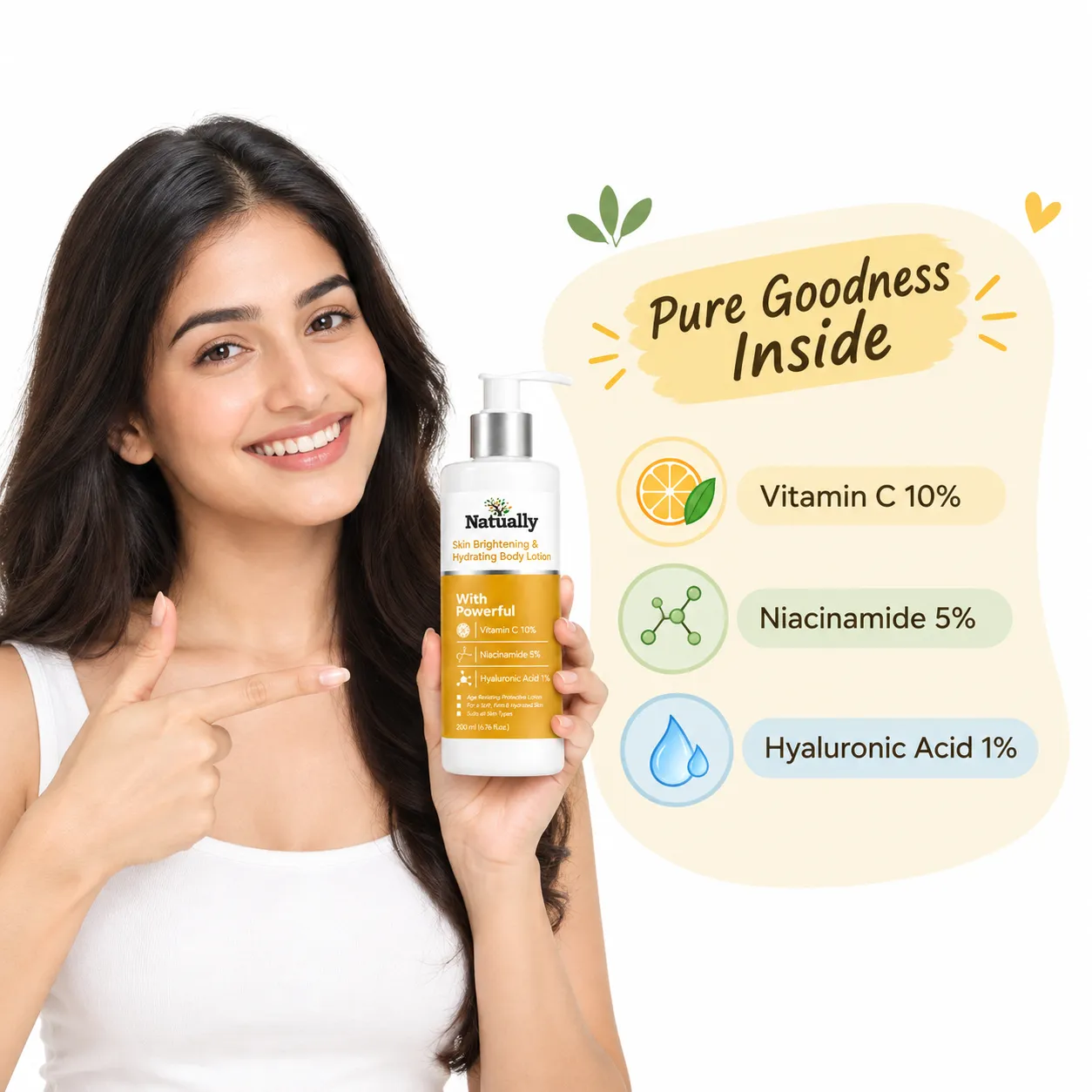 Natually Skin Brightening & Hydrating Body Lotion with Vitamin C 10%, Niacinamide 5% & Hyaluronic Acid 1% – 200 ml - Image 5