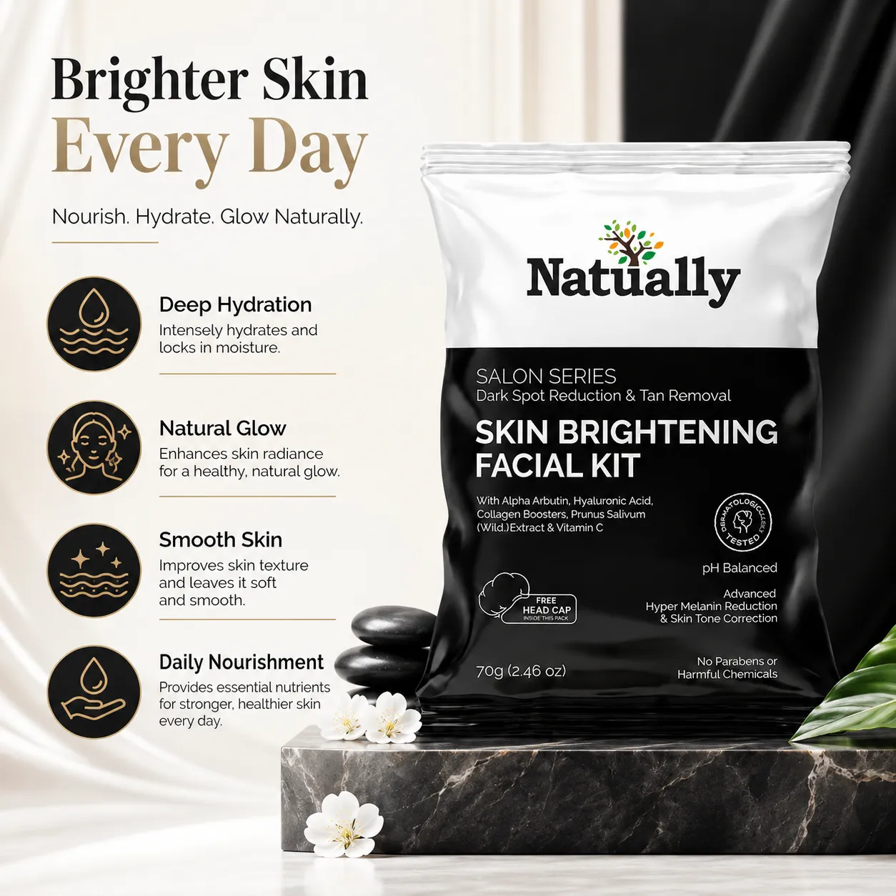 Natually Skin Brightening Facial Kit - Dark Spot Reduction & Tan Removal & 70gms - Image 2