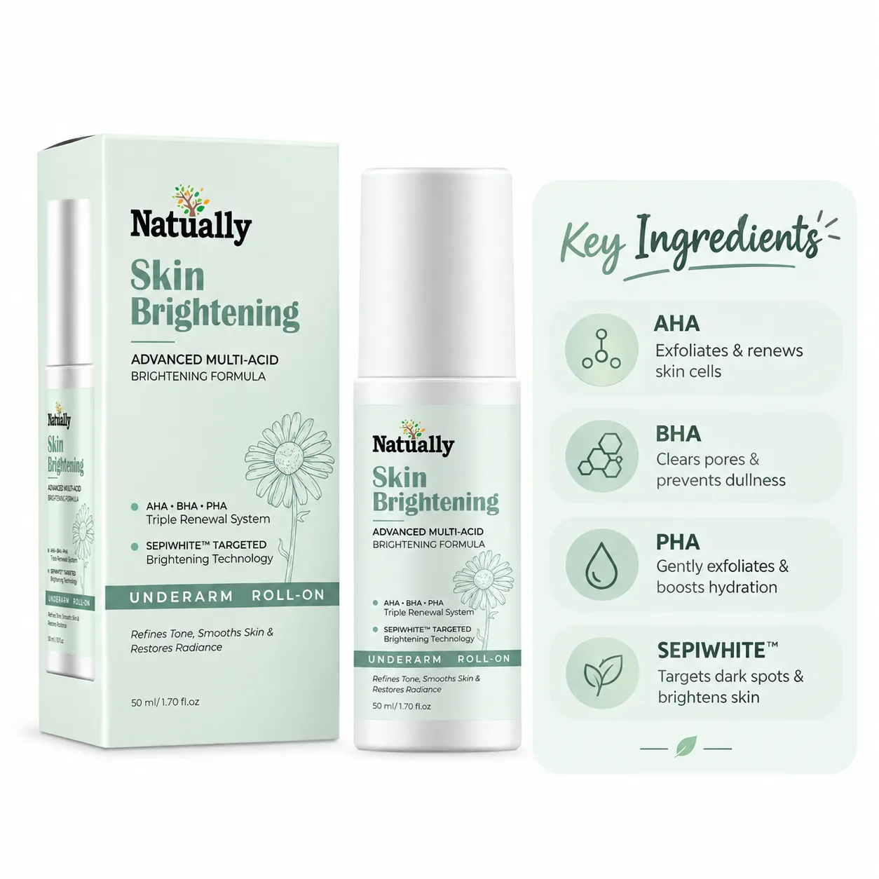 Natually Skin Brightening Underarm Roll-On – Advanced Multi-Acid Brightening Formula, 50 ml - Image 3