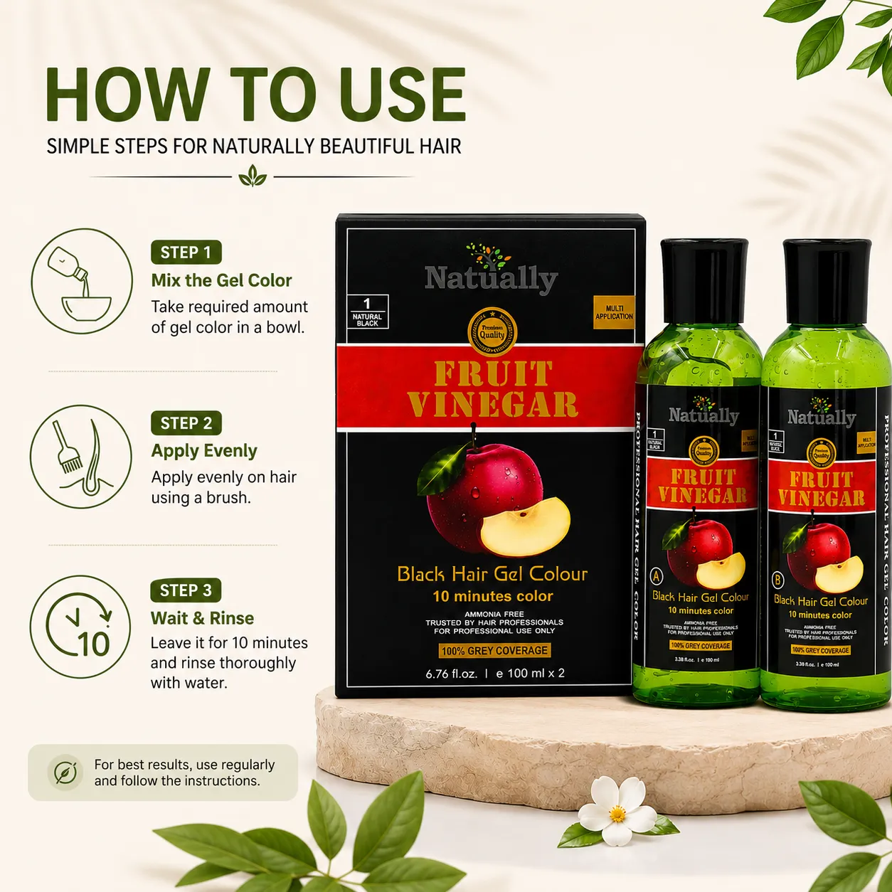 Natually Fruit Vinegar Black Hair Gel Colour – Natural Black (100 ml x 2) - Image 5