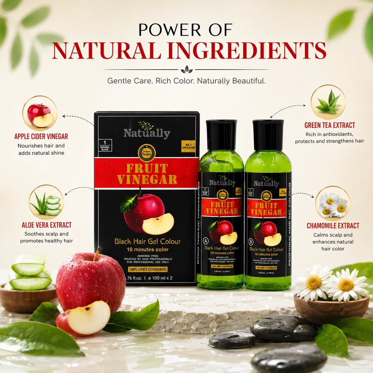 Natually Fruit Vinegar Black Hair Gel Colour – Natural Black (100 ml x 2) - Image 4