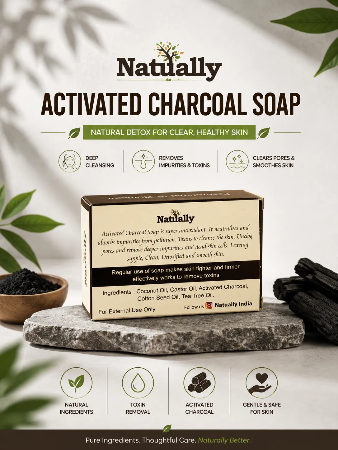 Natually Activated Charcoal Soap with Tea Tree Oil – 125g - Image 3