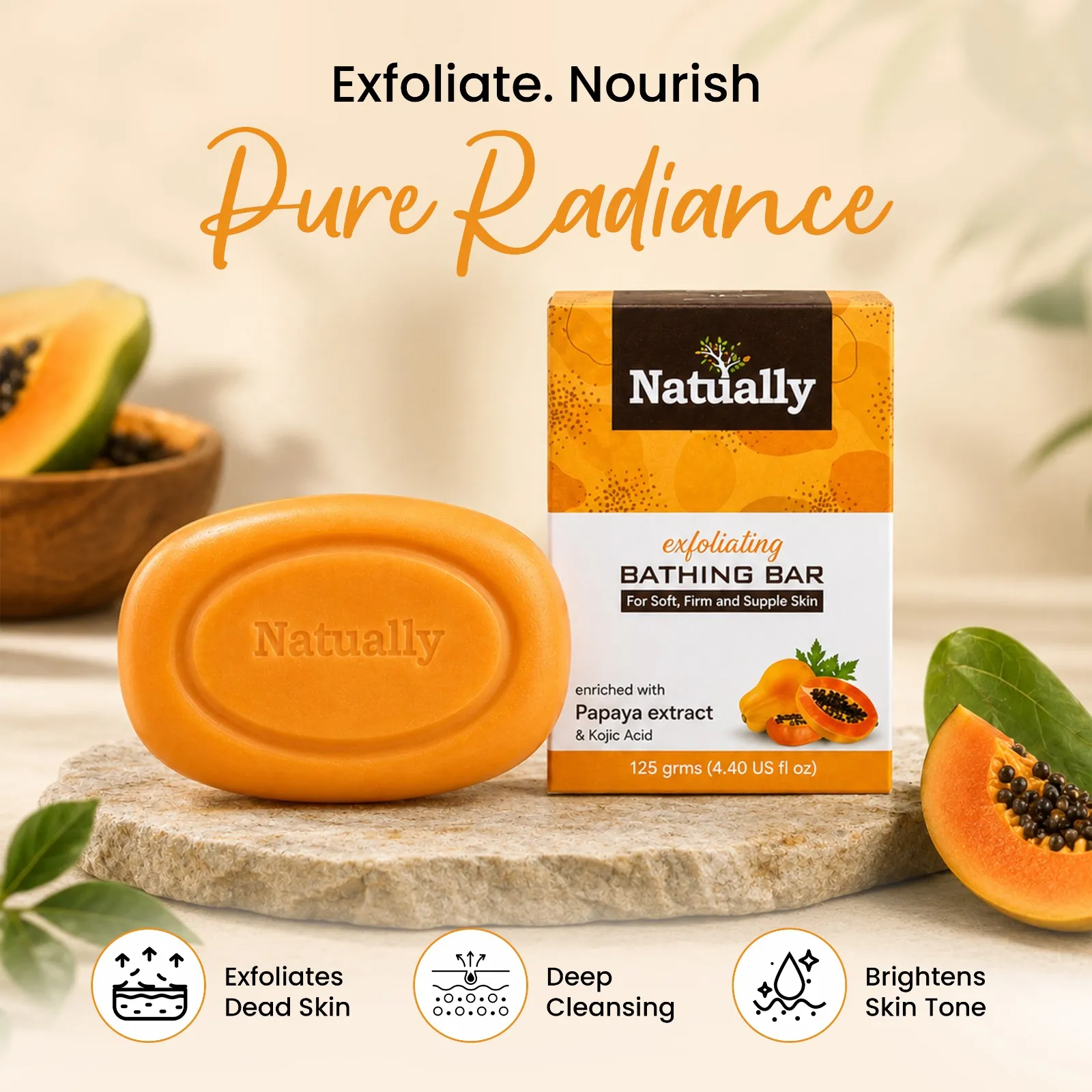 NATUALLY Exfoliating Bathing Bar with Papaya Extract and Kojic Acid - 125g - Image 3