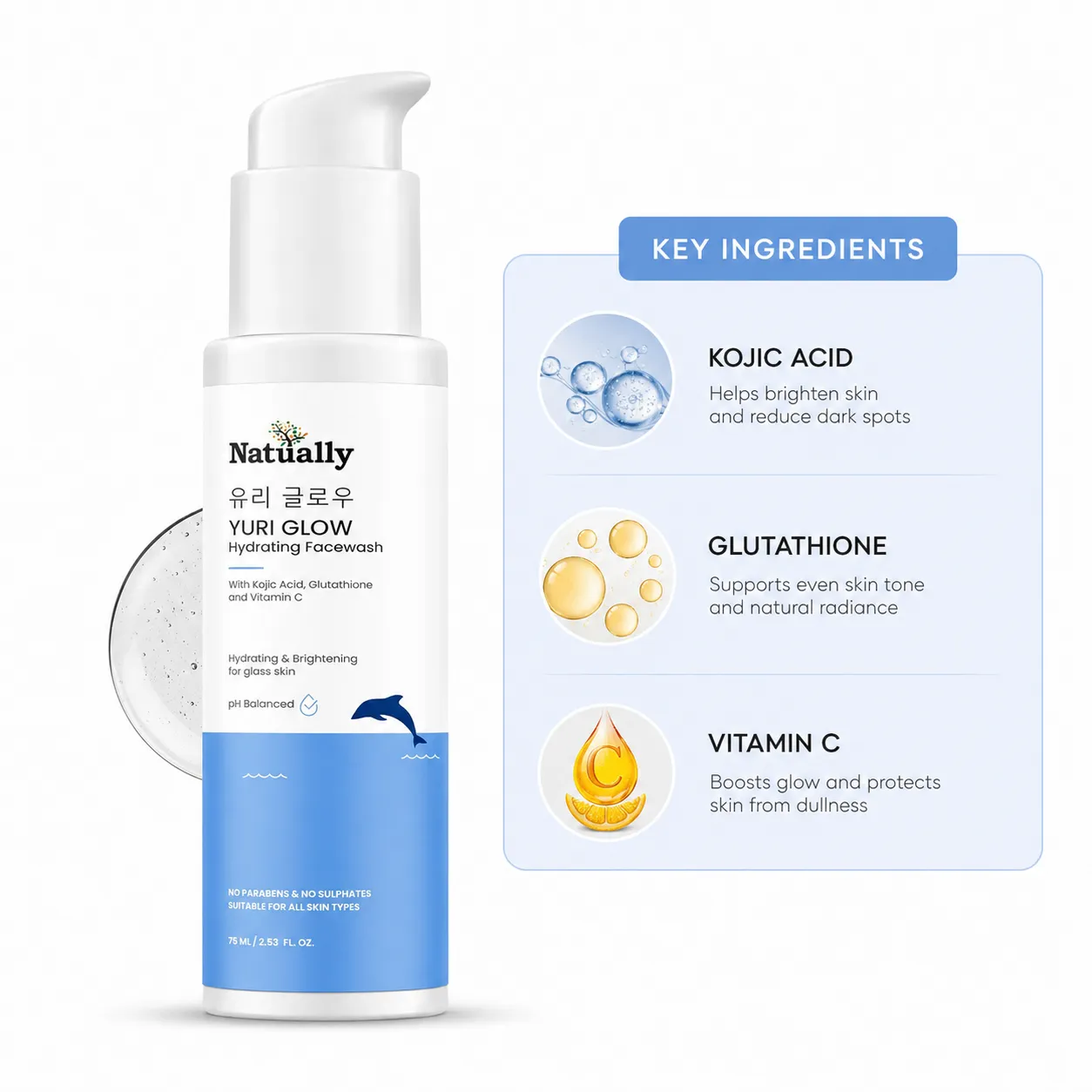 Natually YuriGlow Hydrating Facewash & kojic acid ,Glutathione and VitC &PH balanced & 100ml - Image 3