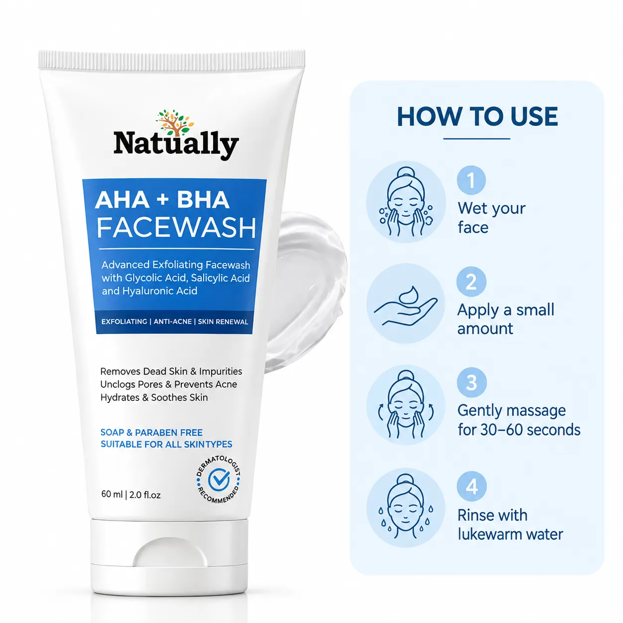 Natually AHA + BHA Advanced Exfoliating Facewash with Glycolic Acid, Salicylic Acid & Hyaluronic Acid – 60 ml - Image 4