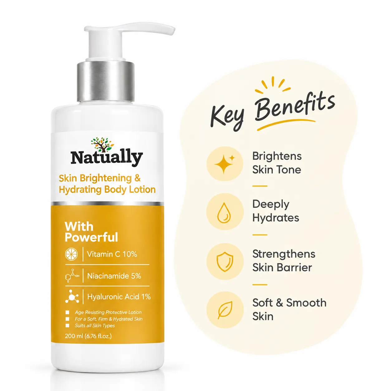 Natually Skin Brightening & Hydrating Body Lotion with Vitamin C 10%, Niacinamide 5% & Hyaluronic Acid 1% – 200 ml - Image 2