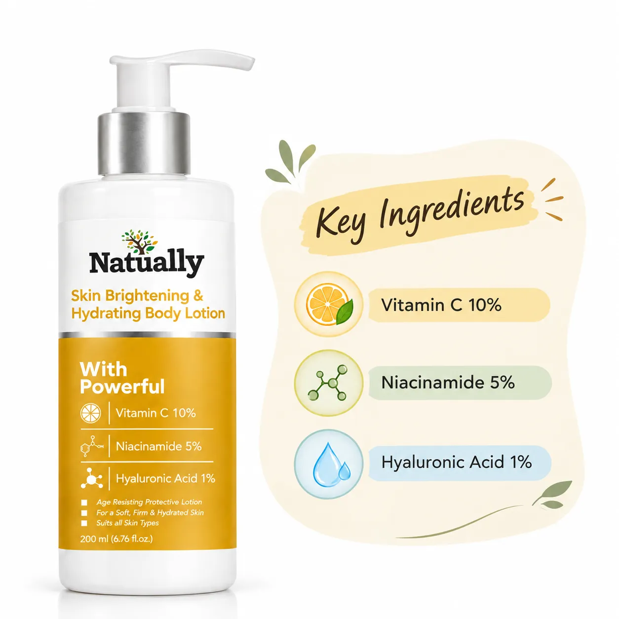 Natually Skin Brightening & Hydrating Body Lotion with Vitamin C 10%, Niacinamide 5% & Hyaluronic Acid 1% – 200 ml - Image 3