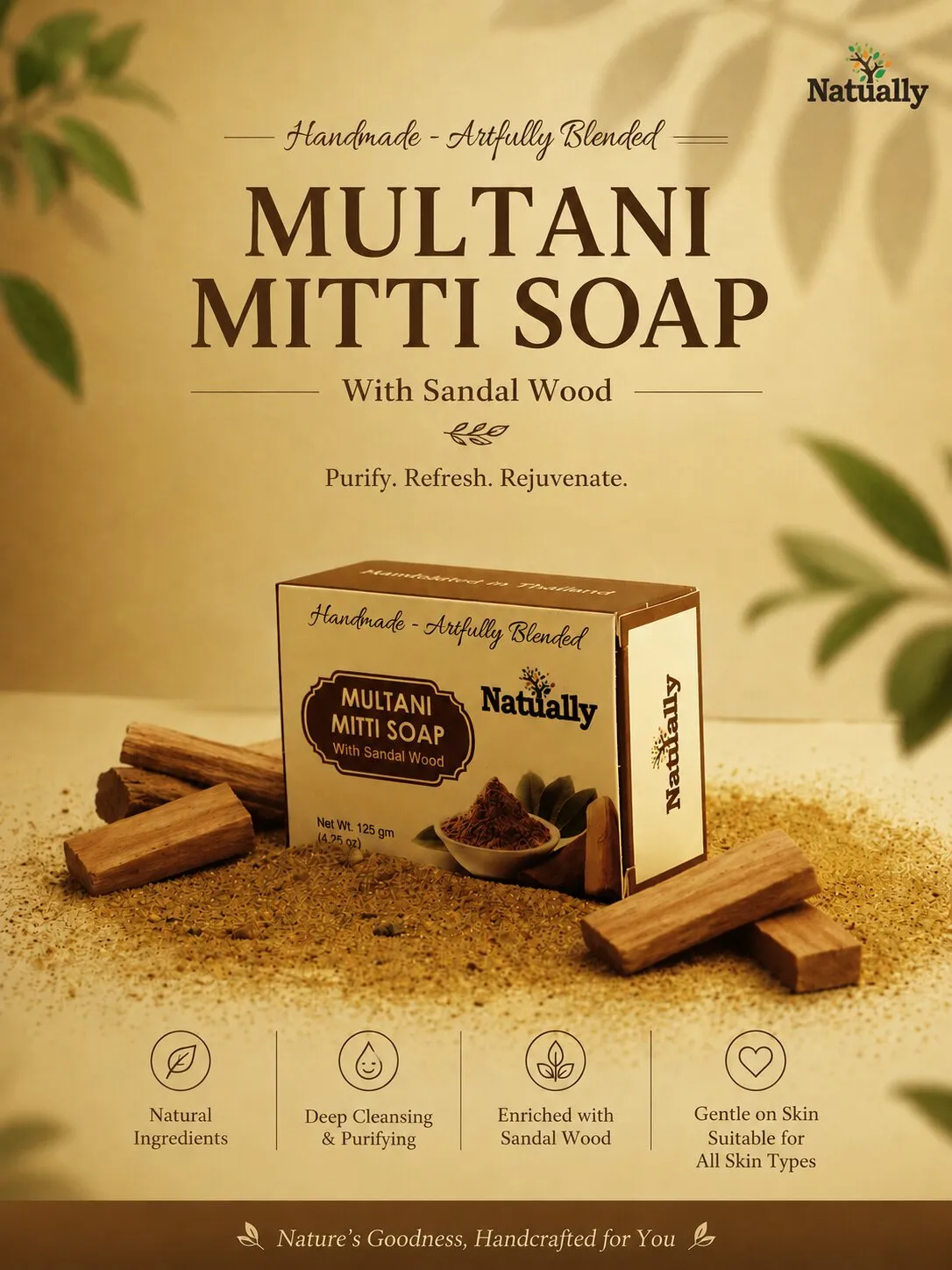 Natually Multani Mitti Soap with Sandal Wood – Handmade Herbal Cleansing Bar - Image 3
