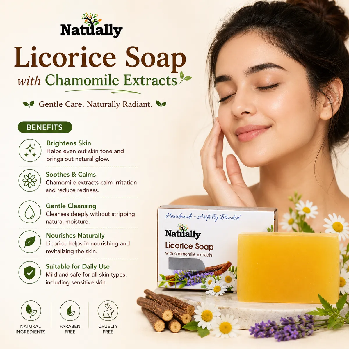 NATUALLY 100% Handmade Licorice Bath Soap - Face & Body Soap Bar with Chamomile Extracts - 125 Grams (Pack of 1) - Image 2