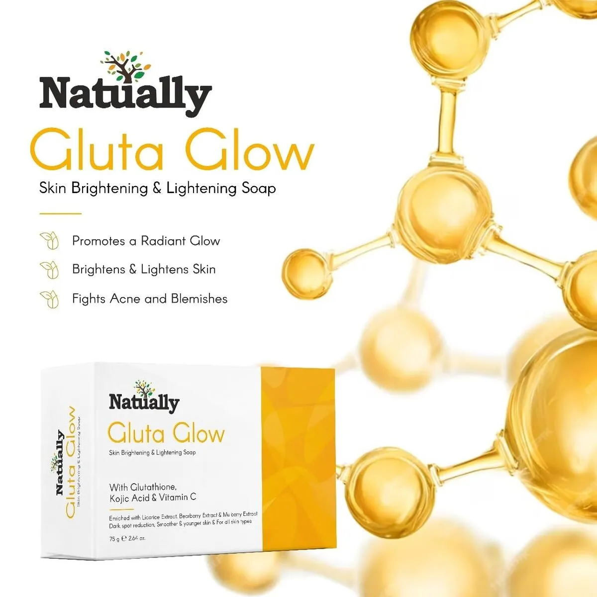 Natually Gluta Glow Soap - Glutathione, kojic acid & Vit-C -75Gms - Image 2