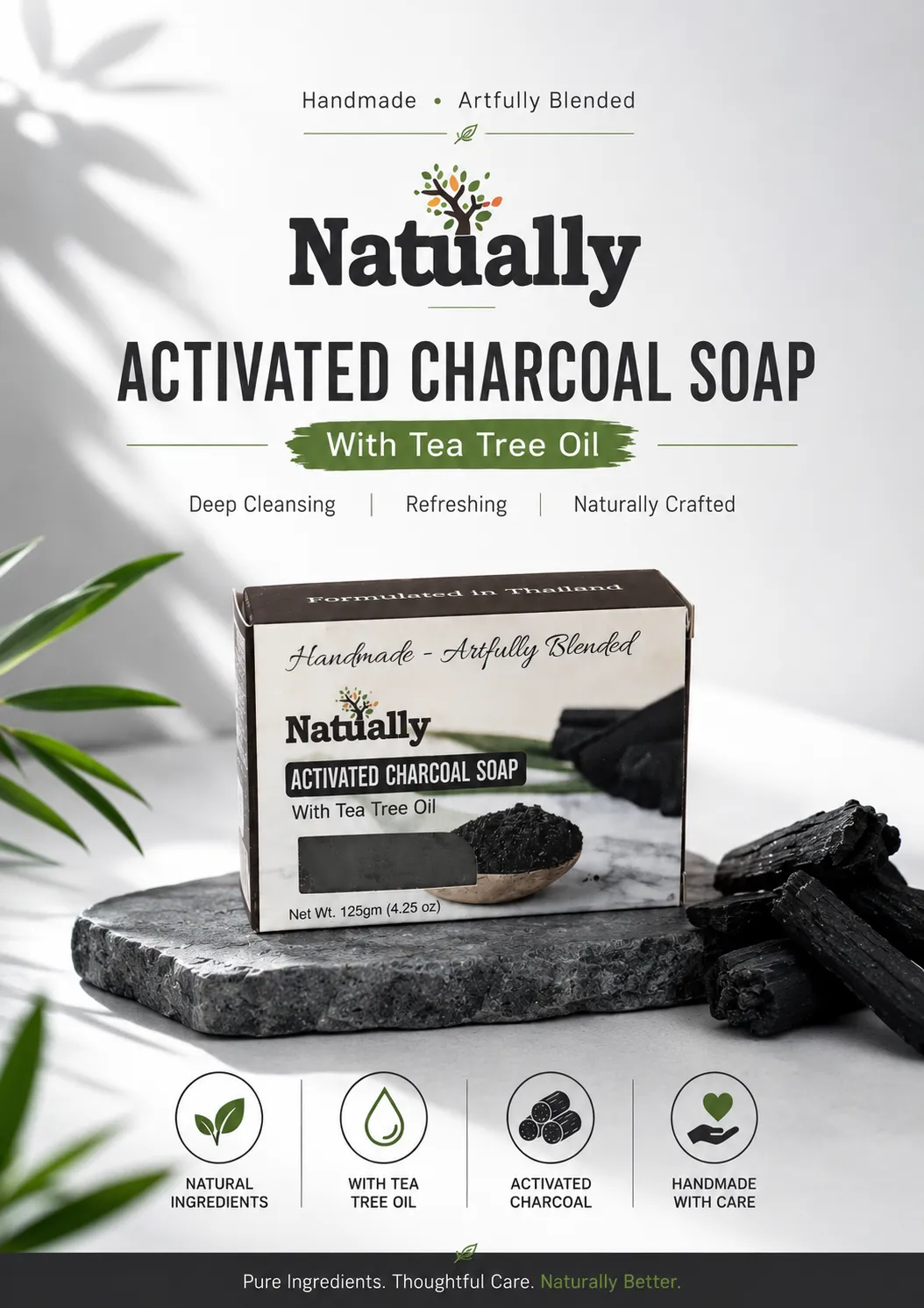 Natually Activated Charcoal Soap with Tea Tree Oil – 125g - Image 2