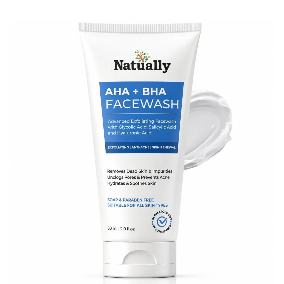 Natually AHA+BHA FaceWash - Glycolic , Salicylic & Hyaluronic Acid