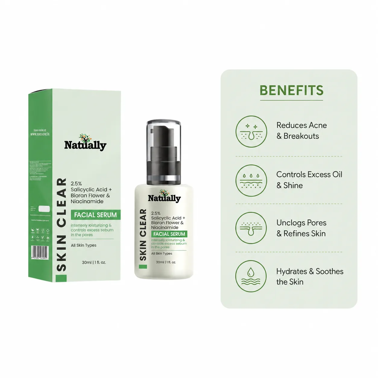natually Skin Clear Serum – 2.5% Salicylic Acid + Bioran Flower + Niacinamide - Image 2