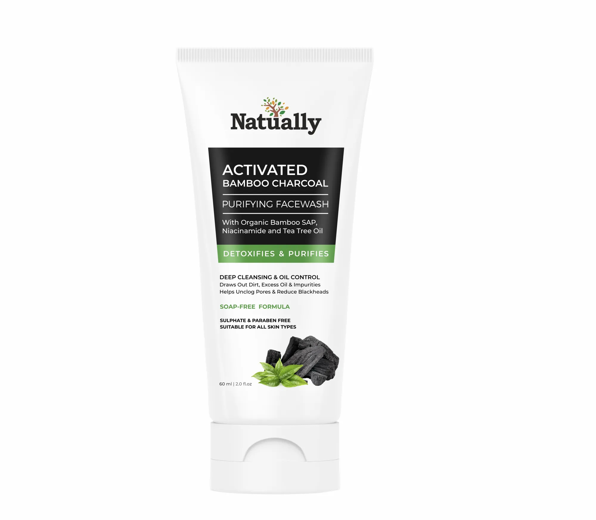 Natually Activated Bamboo Charcoal Purifying Facewash with Organic Bamboo Sap, Niacinamide & Tea Tree Oil – 60 ml
