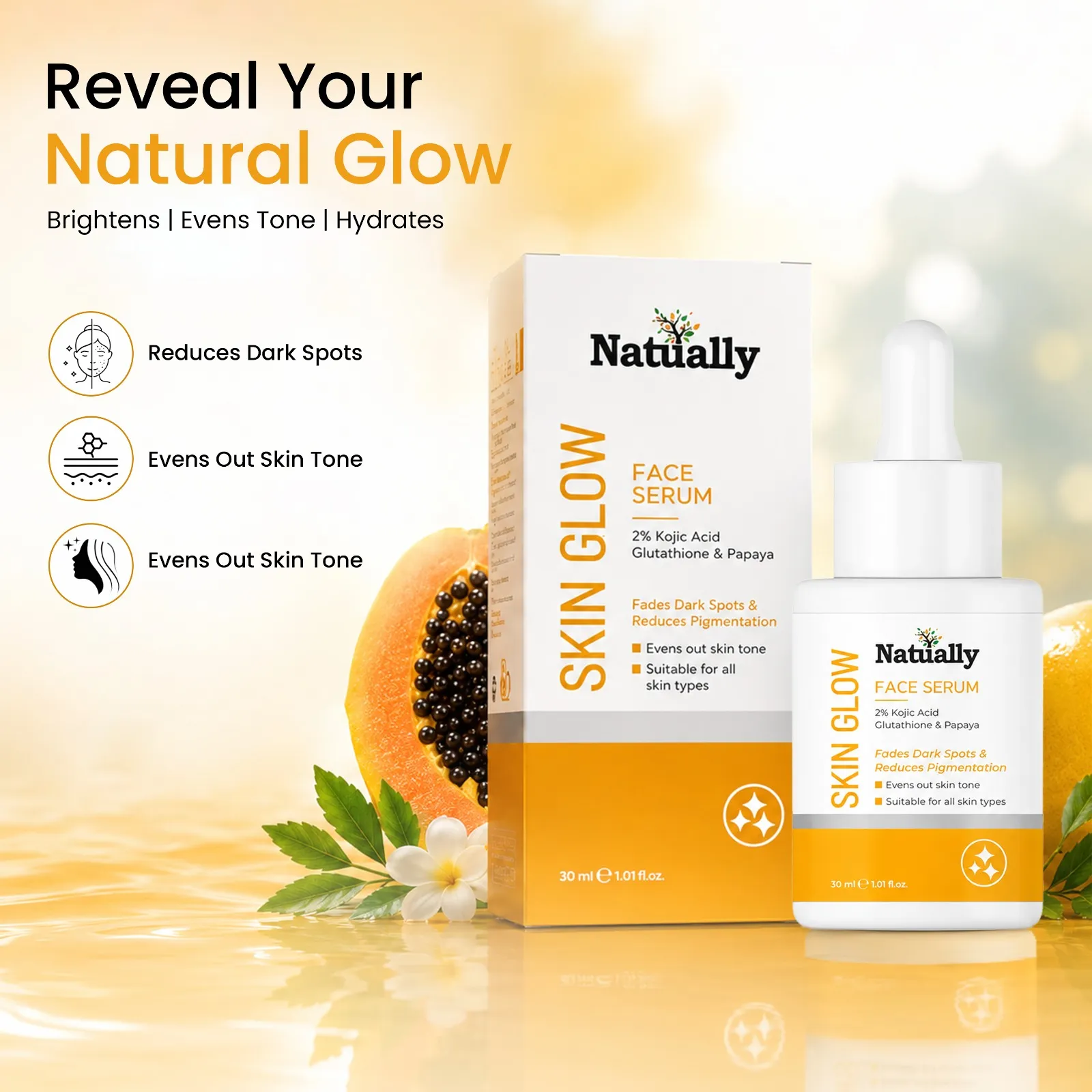 Natually Skin Glow Face Serum - 2% Kojic Acid, Glutathione and Papaya - 30ml - Image 3