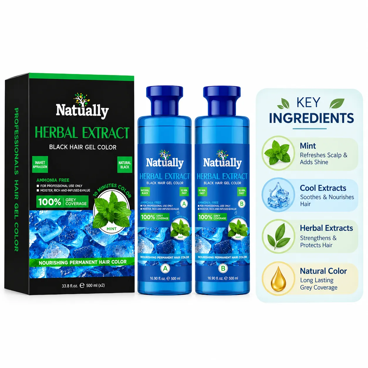 Natually Mint  Herbal Extract Black Hair Gel Color | Natural Black |500ml*2 - Image 4