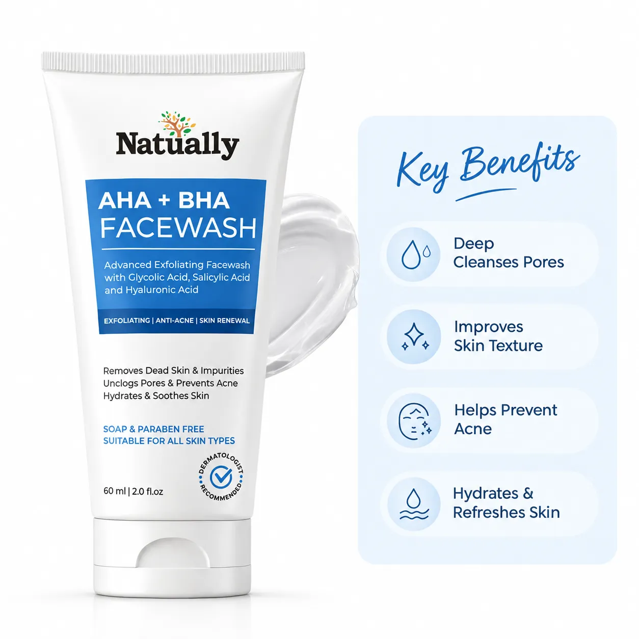 Natually AHA + BHA Advanced Exfoliating Facewash with Glycolic Acid, Salicylic Acid & Hyaluronic Acid – 60 ml - Image 2