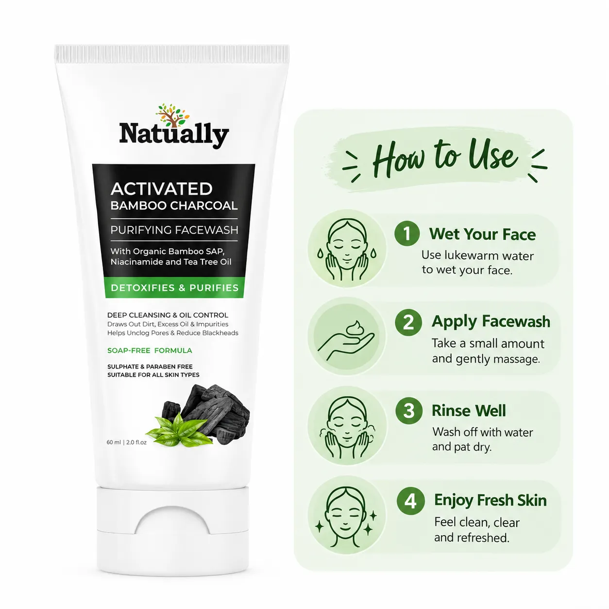 Natually Activated Bamboo Charcoal Purifying Facewash with Organic Bamboo Sap, Niacinamide & Tea Tree Oil – 60 ml - Image 4