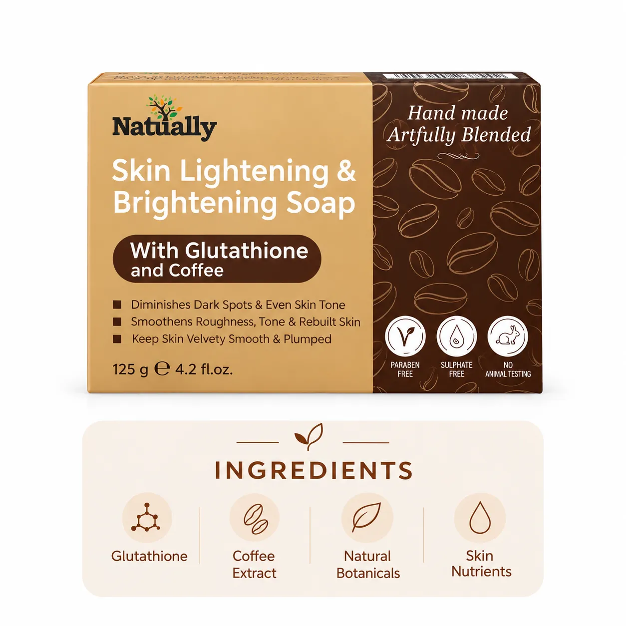 Natually Skin Lightening & Brightening Soap with Glutathione and Coffee – 125g - Image 3