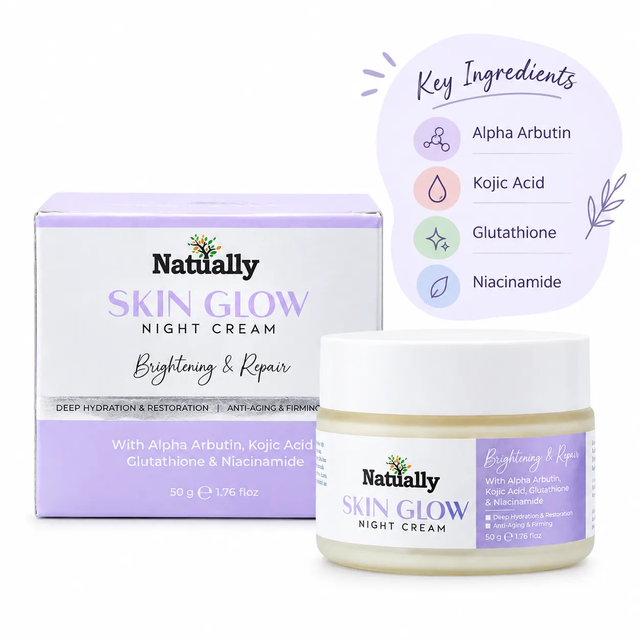 Natually Skin Glow Night Cream – Brightening & Repair Cream with Alpha Arbutin, Kojic Acid, Glutathione & Niacinamide, 50g - Image 3