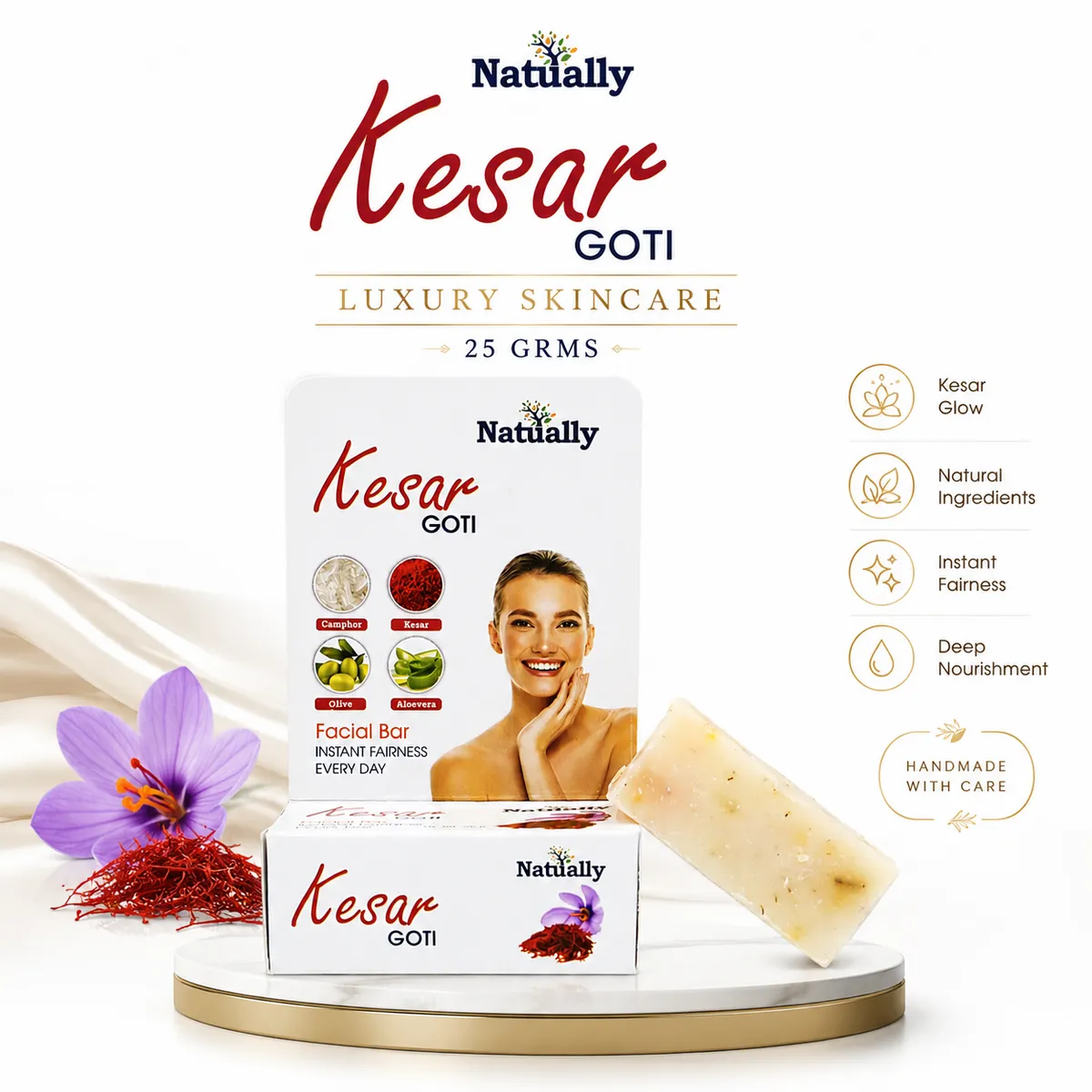 Natually Kesar GOTI Facial Bar – Instant Fairness Everyday Soap (25g) - Image 3